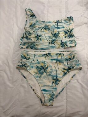 Old Navy Palm Tree Print High-Waist Bikini Set - Teal, Yellow, White